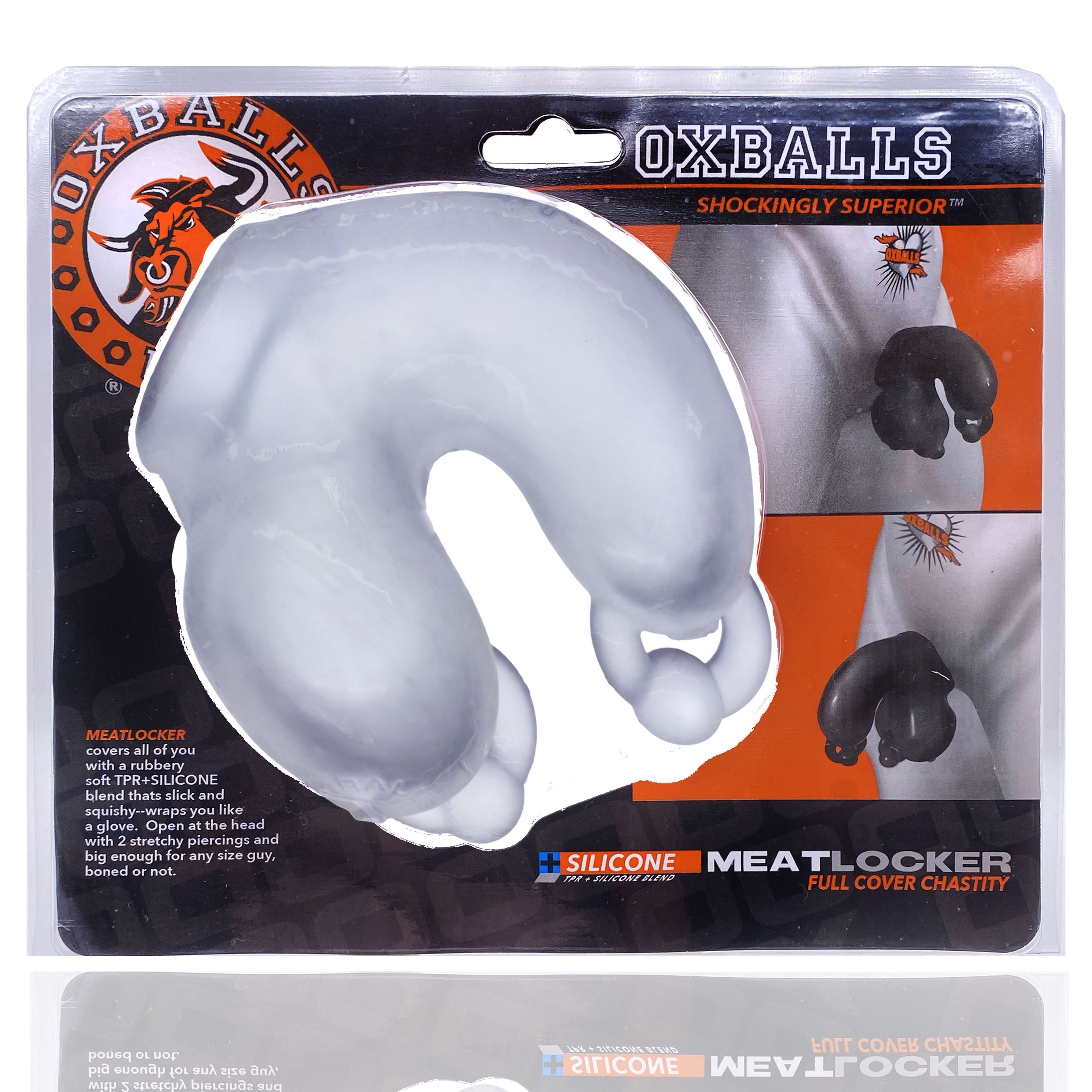 Clear ice Meatlocker silicone stretchy chastity device by Oxballs.