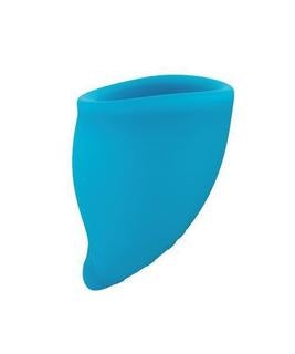 A blue reusable silicone menstrual cup.