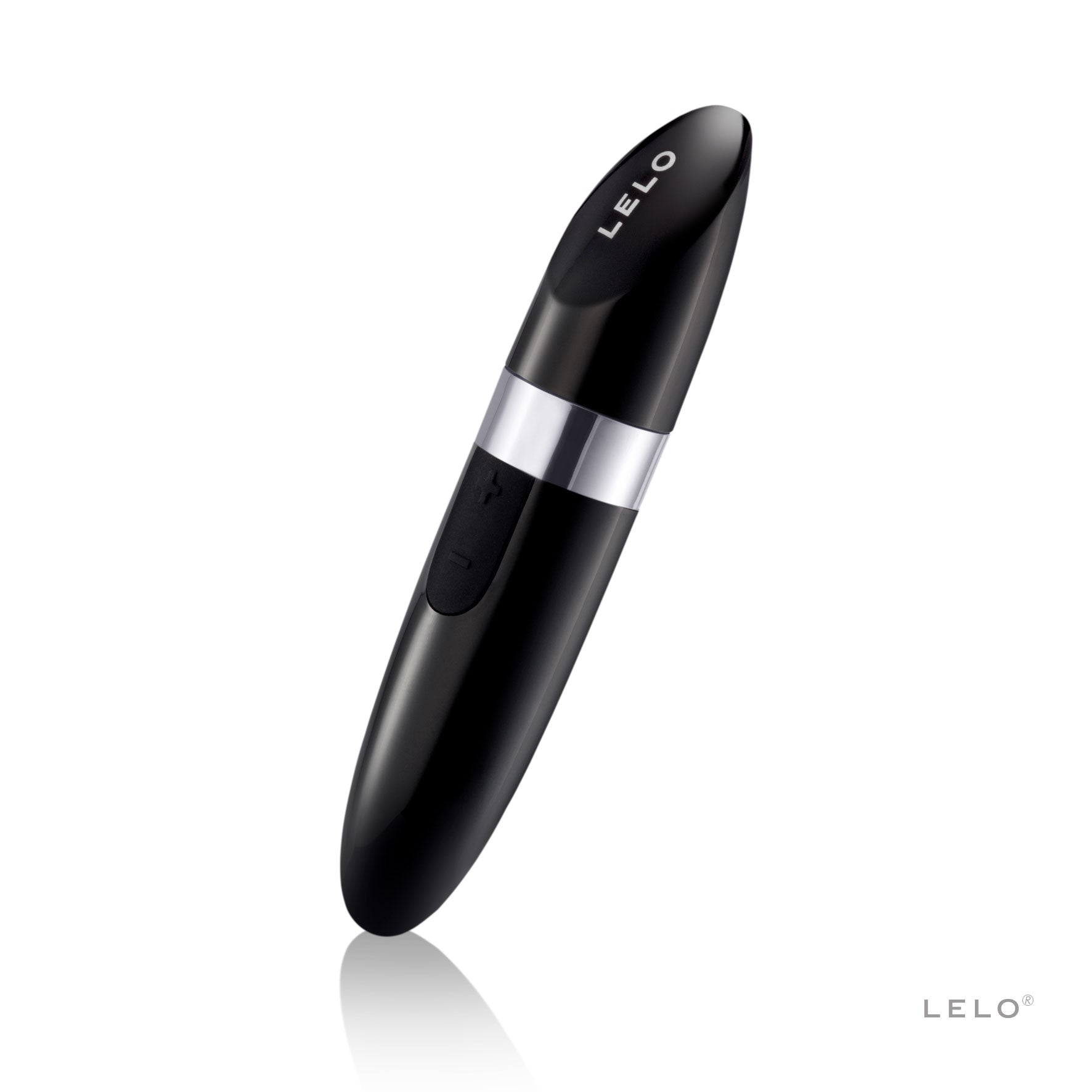 A black Lelo Mia 2 lipstick vibrator with a silver band and buttons.