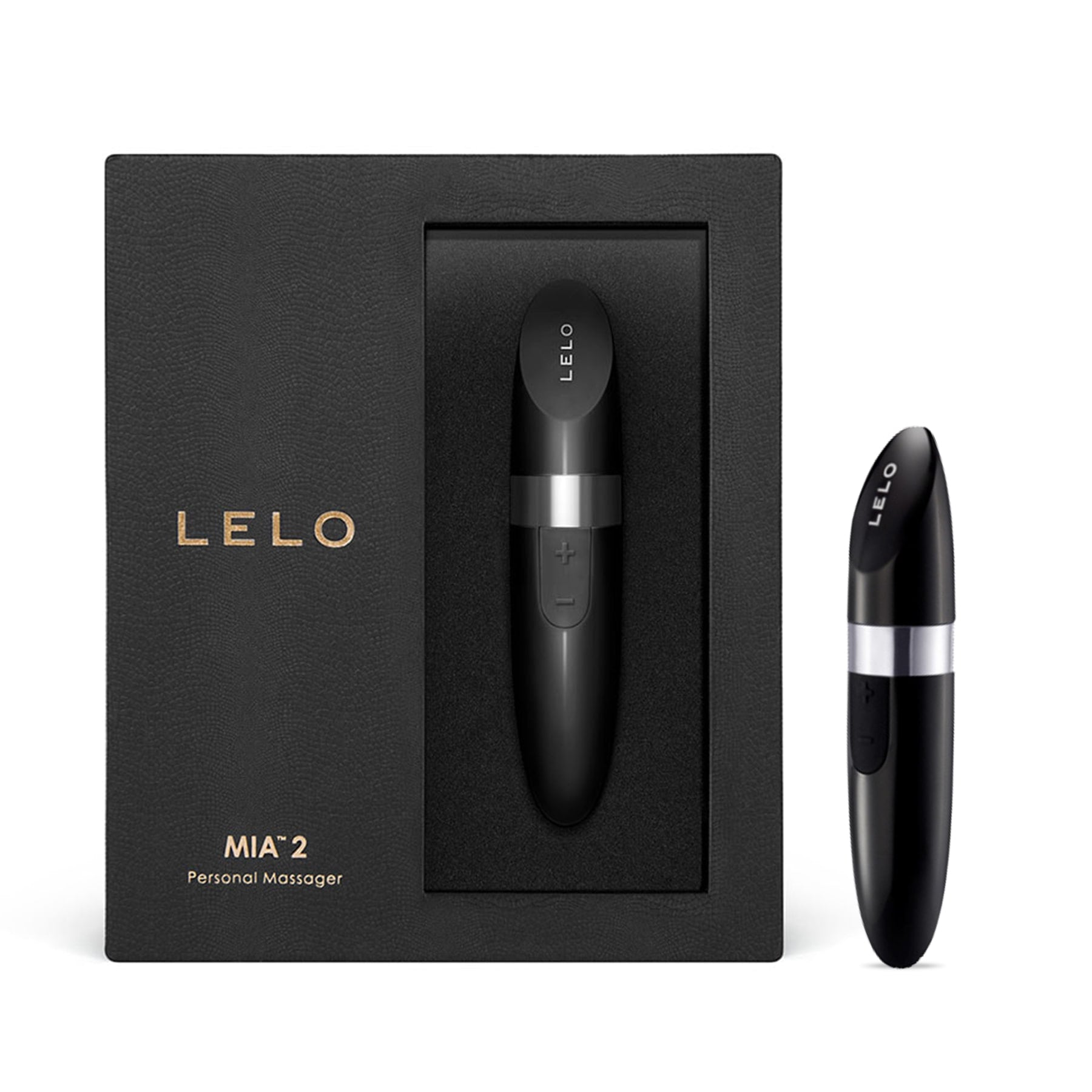A black Lelo Mia 2 lipstick vibrator in its black textured case.