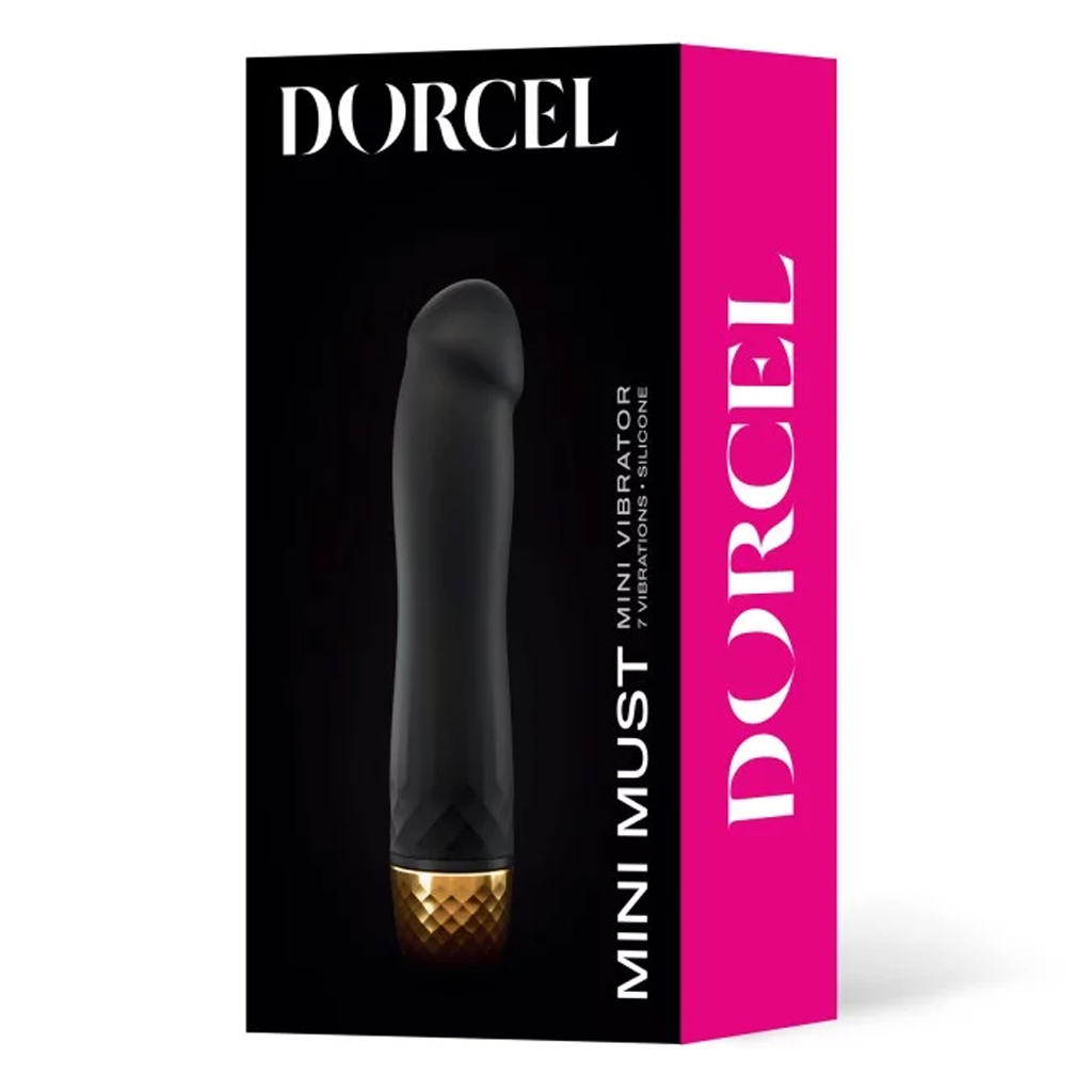 Black mini vibrator with gold textured base on a black and pink box.