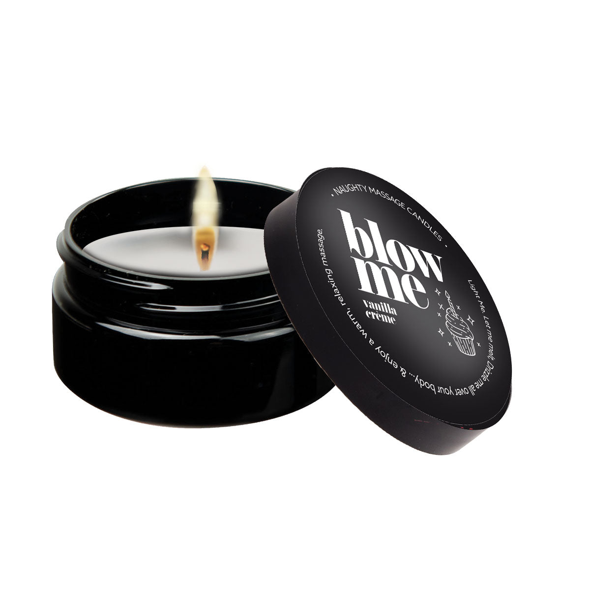 A black massage candle with a lit wick and the text "blow me vanilla creme" on the lid.