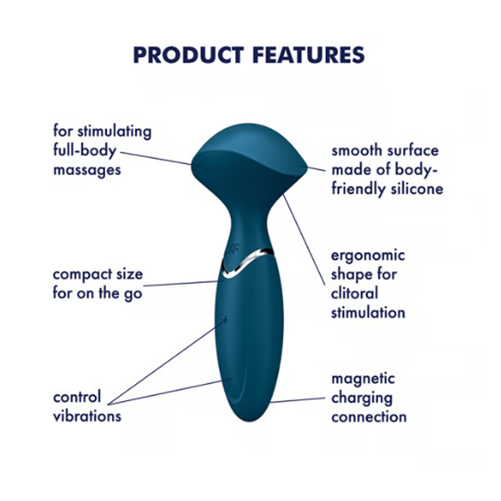 Blue silicone wand massager with features for full-body and clitoral stimulation.