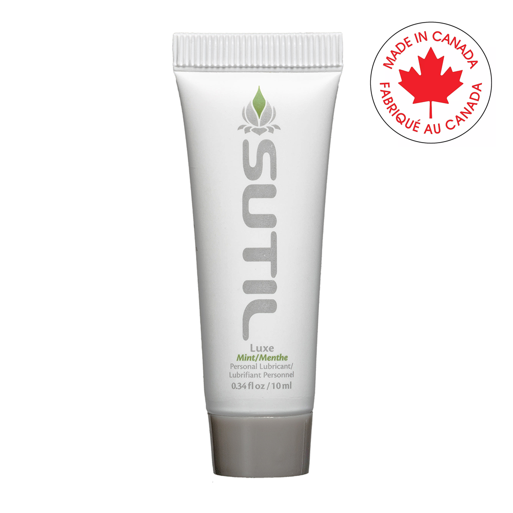 Sutil mint water-based personal lubricant in a 10ml travel size tube.