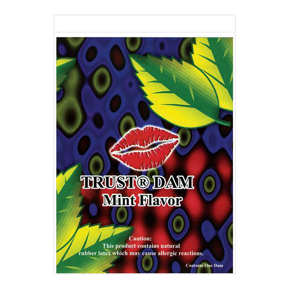 Mint flavored latex dental dams with a red lip graphic.