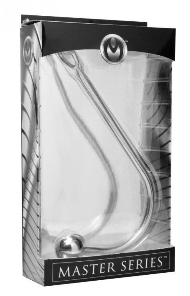 Steel anal hook with a weighted ball in packaging.