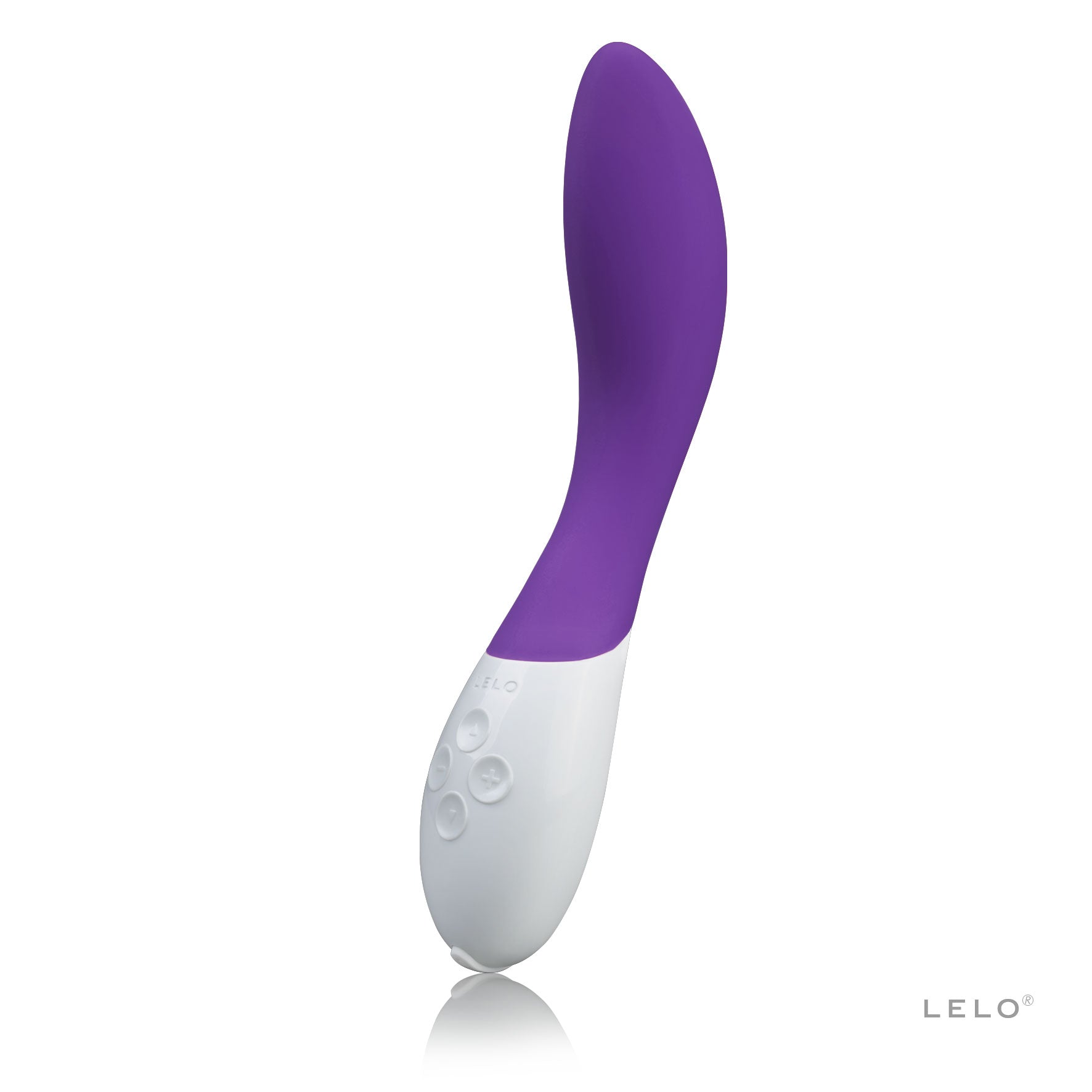 A purple and white Lelo Mona 2 vibrator with control buttons.