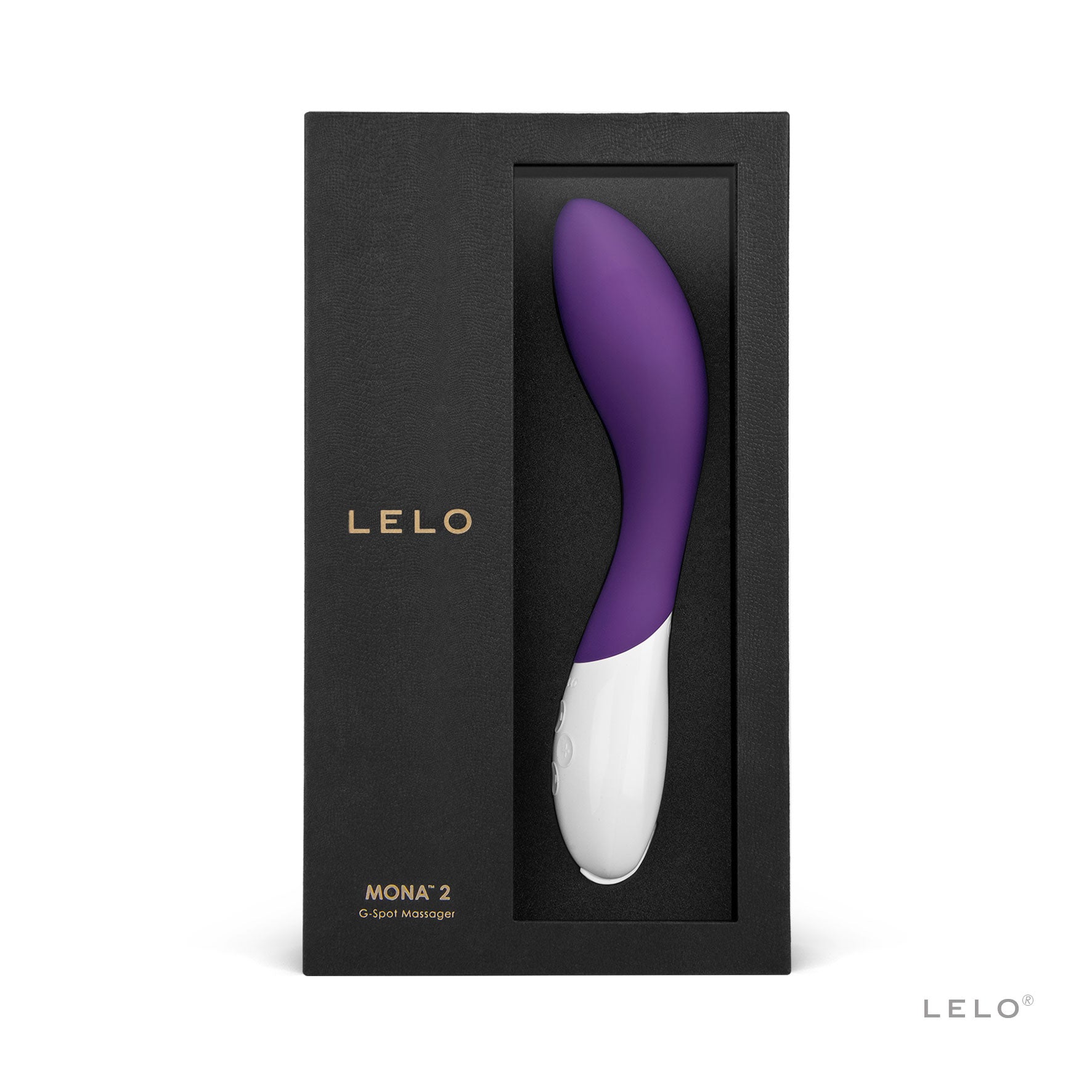 A purple and white Lelo Mona 2 G-Spot Massager in its black packaging.