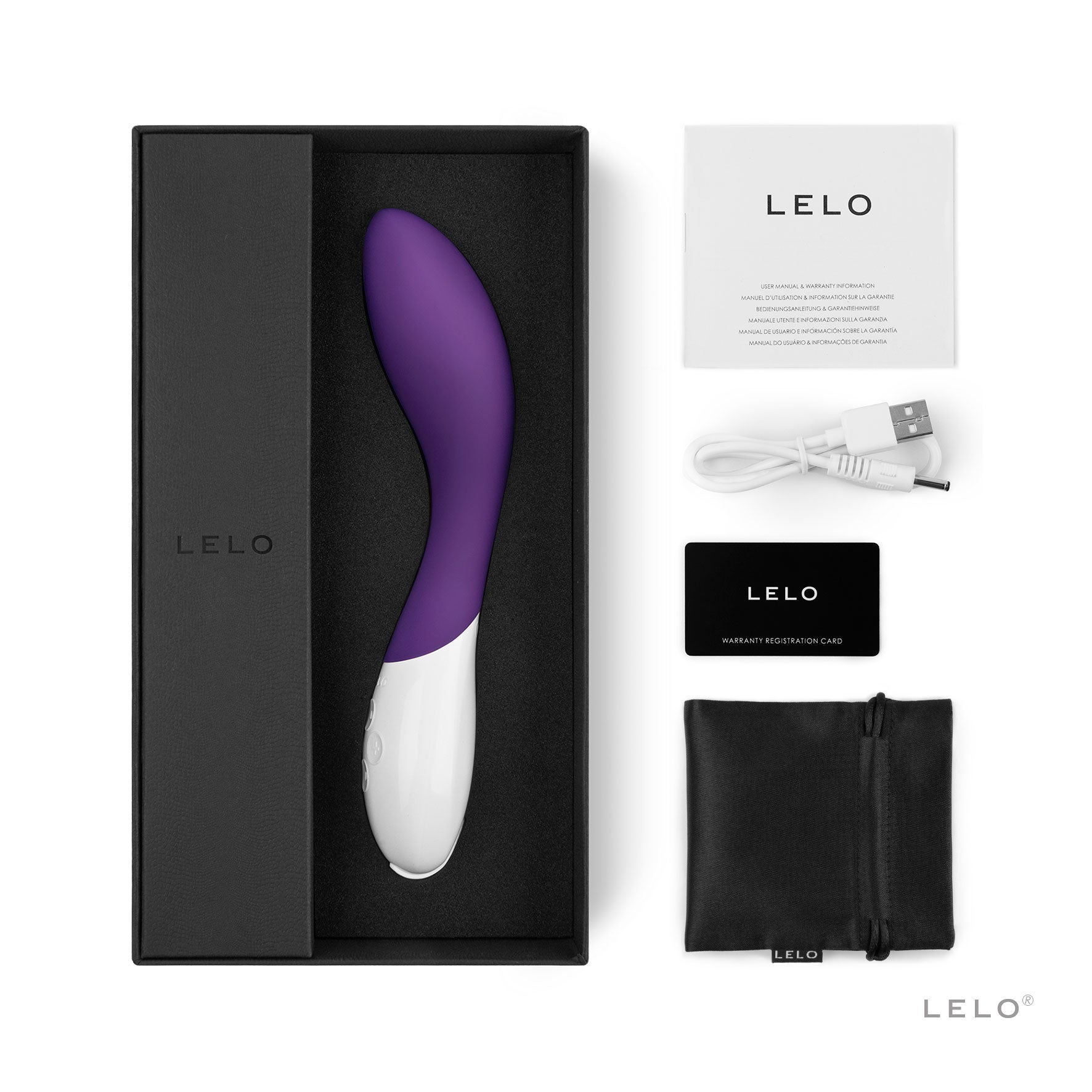 Lelo Mona 2 G-spot vibrator in purple and white, with charging cable, warranty card, and storage pouch.