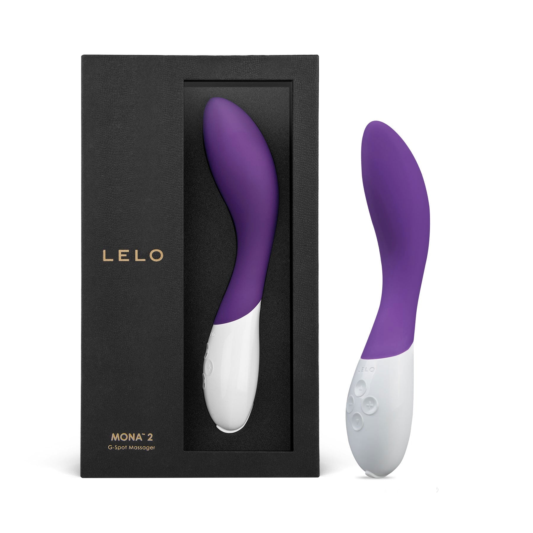 A purple and white Lelo Mona 2 G-spot massager in its black box packaging.
