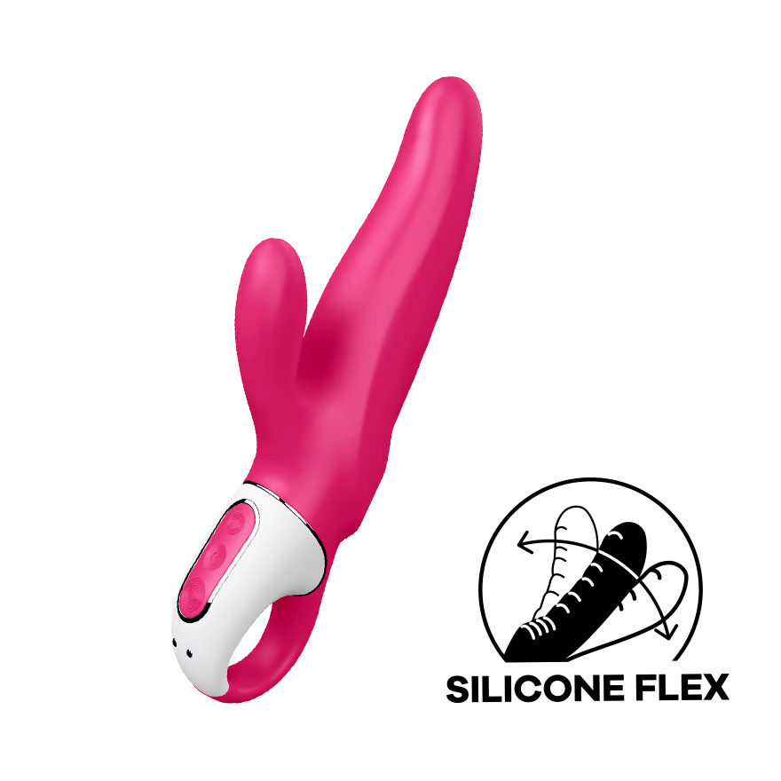 A pink dual stimulation vibrator with a white control base.