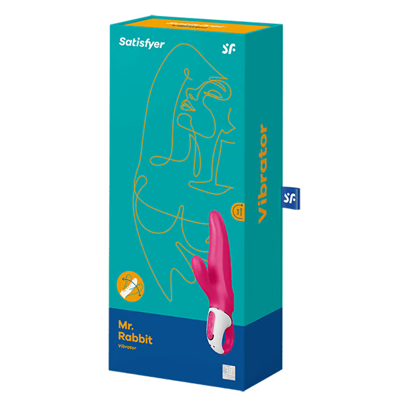 Satisfyer Mr. Rabbit vibrator packaging with a pink vibrator visible.
