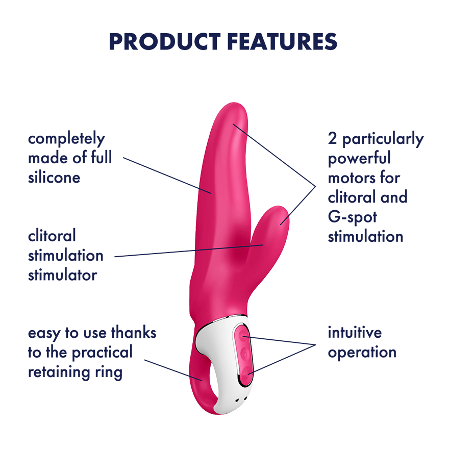 A pink silicone vibrator with two motors for clitoral and G-spot stimulation.