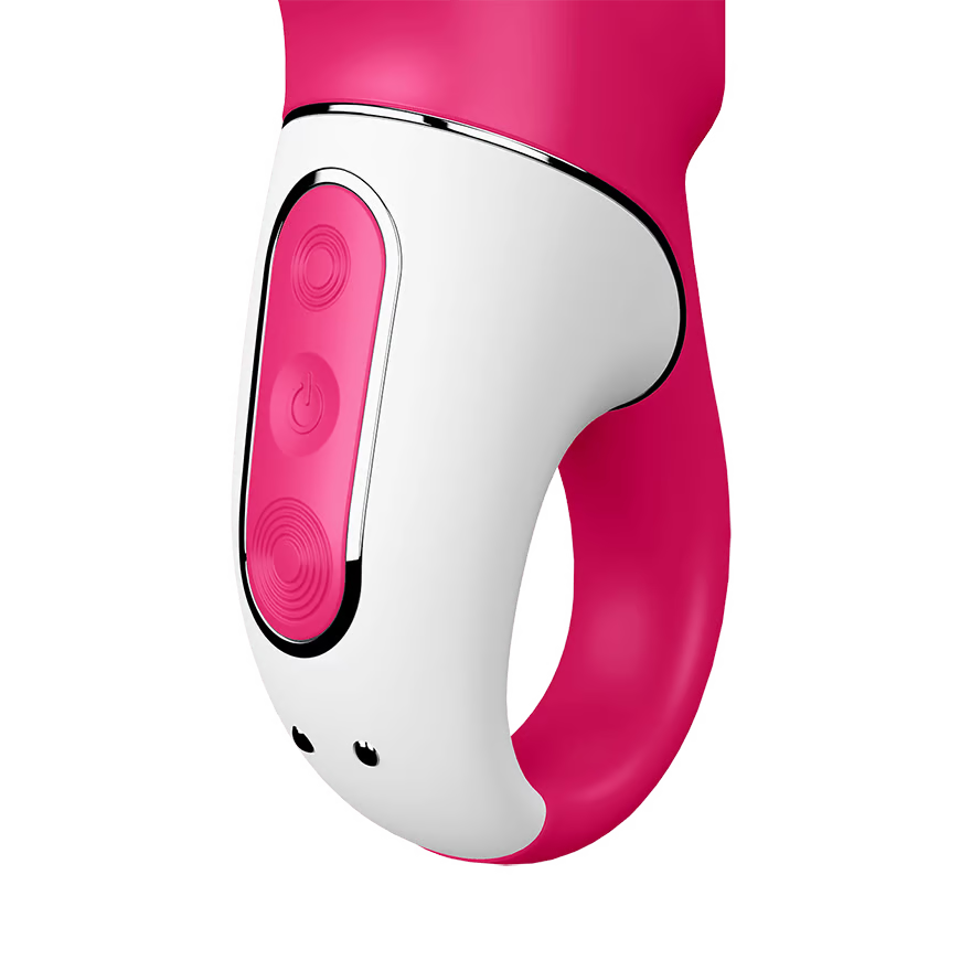 Pink and white dual stimulation vibrator with three buttons.