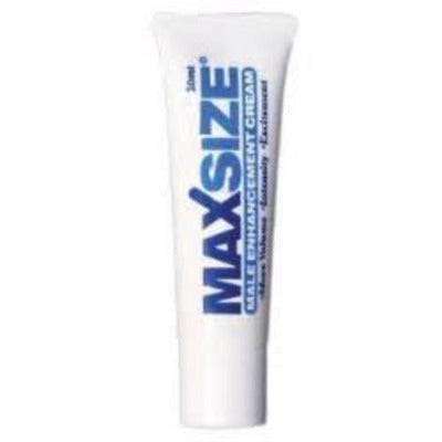 Max Size male enhancement cream in a white tube with blue text.