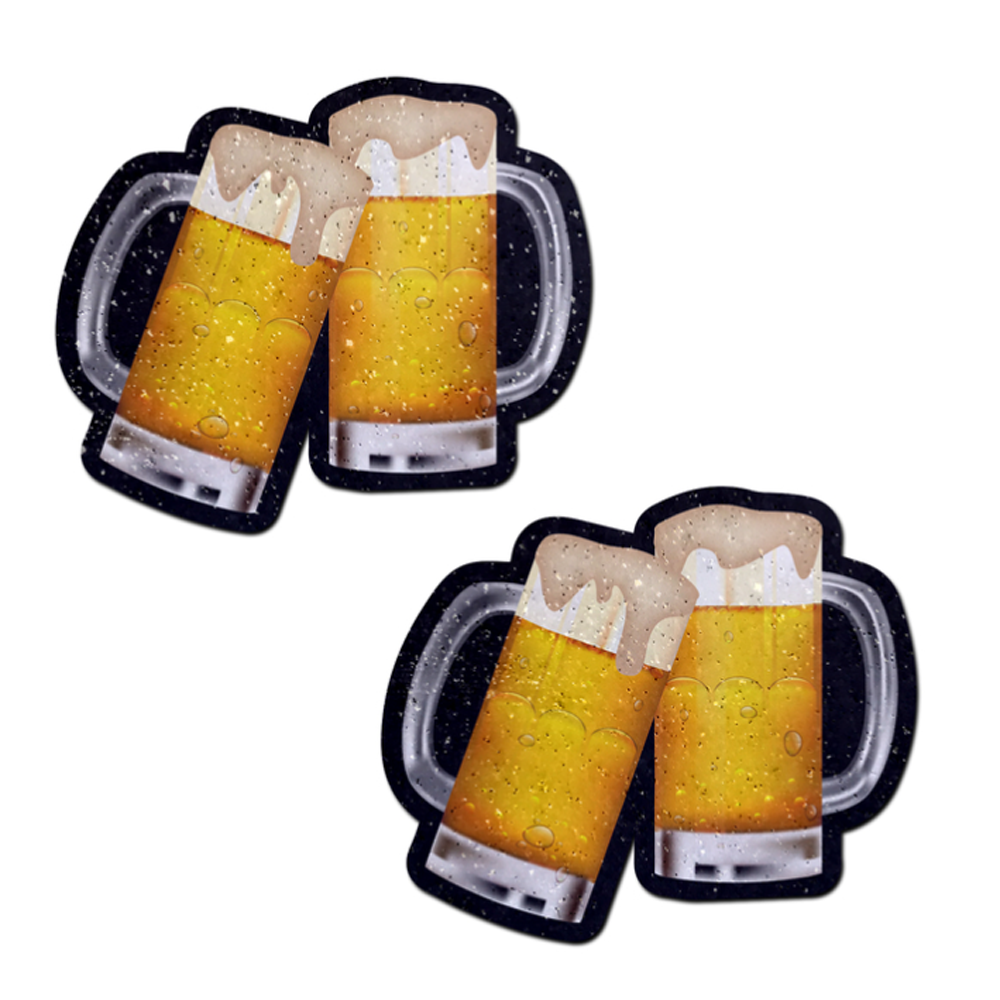 Two pairs of clinking beer mug nipple pasties with foam and bubbles.