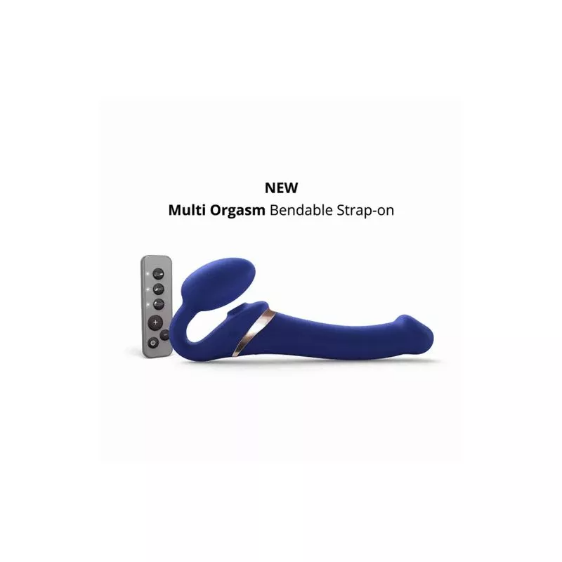 A blue bendable strap-on with a remote control.