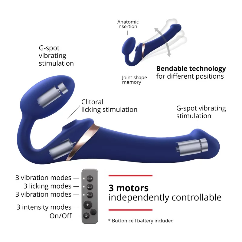 Blue bendable strap-on with remote control, featuring G-spot and clitoral stimulation.