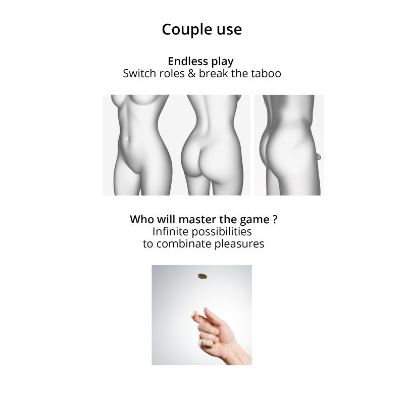 A strap-on with three abstract body images and text about couple use.