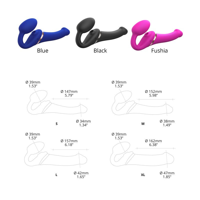 Bendable remote control strap-on in blue, black, and fuchsia with size and measurement diagrams.