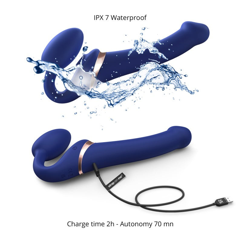 Blue bendable strap-on with USB charging cable and IPX7 waterproof rating.