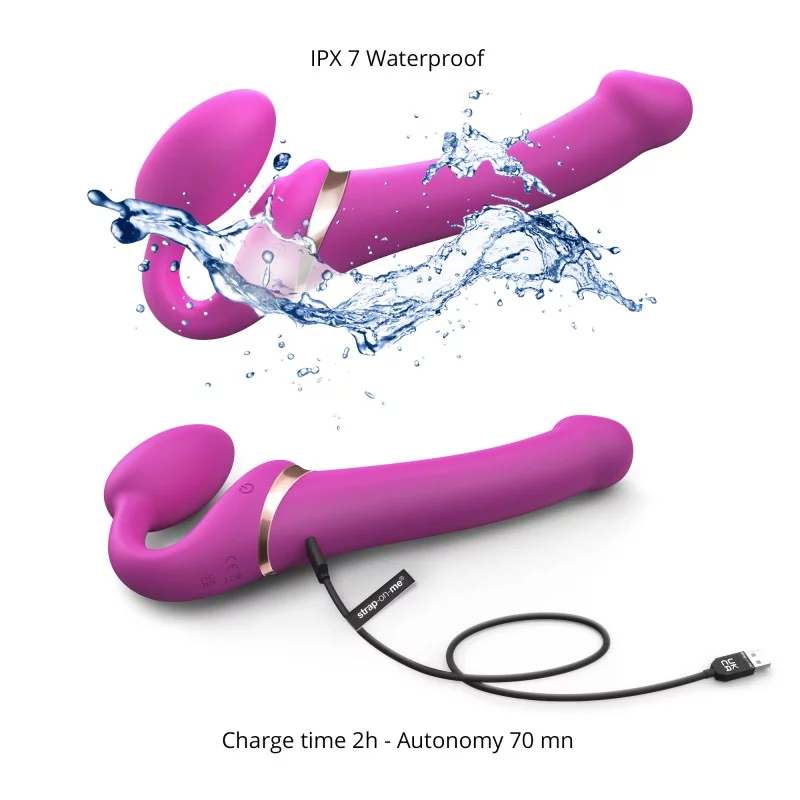 Fuchsia silicone bendable remote control strap-on with IPX7 waterproof rating.
