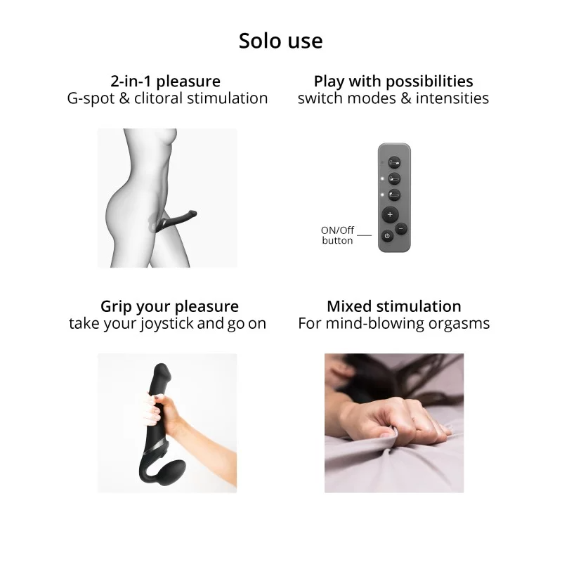 Bendable remote control strap-on with XL silicone toy.