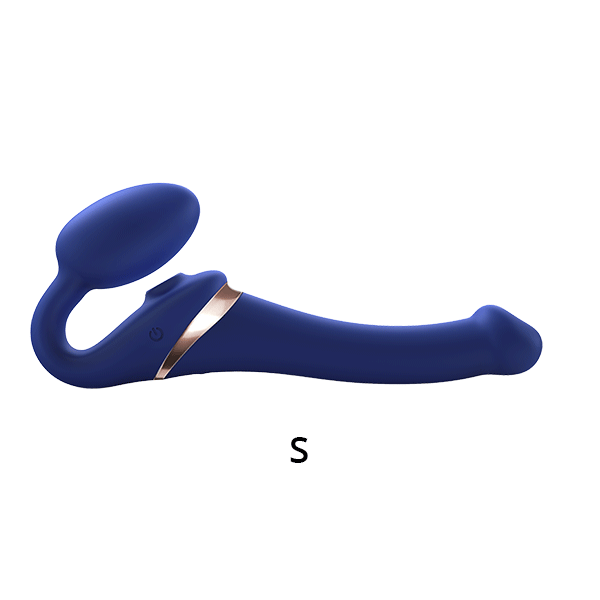 Night blue bendable silicone strap-on dildo with remote control, size S.