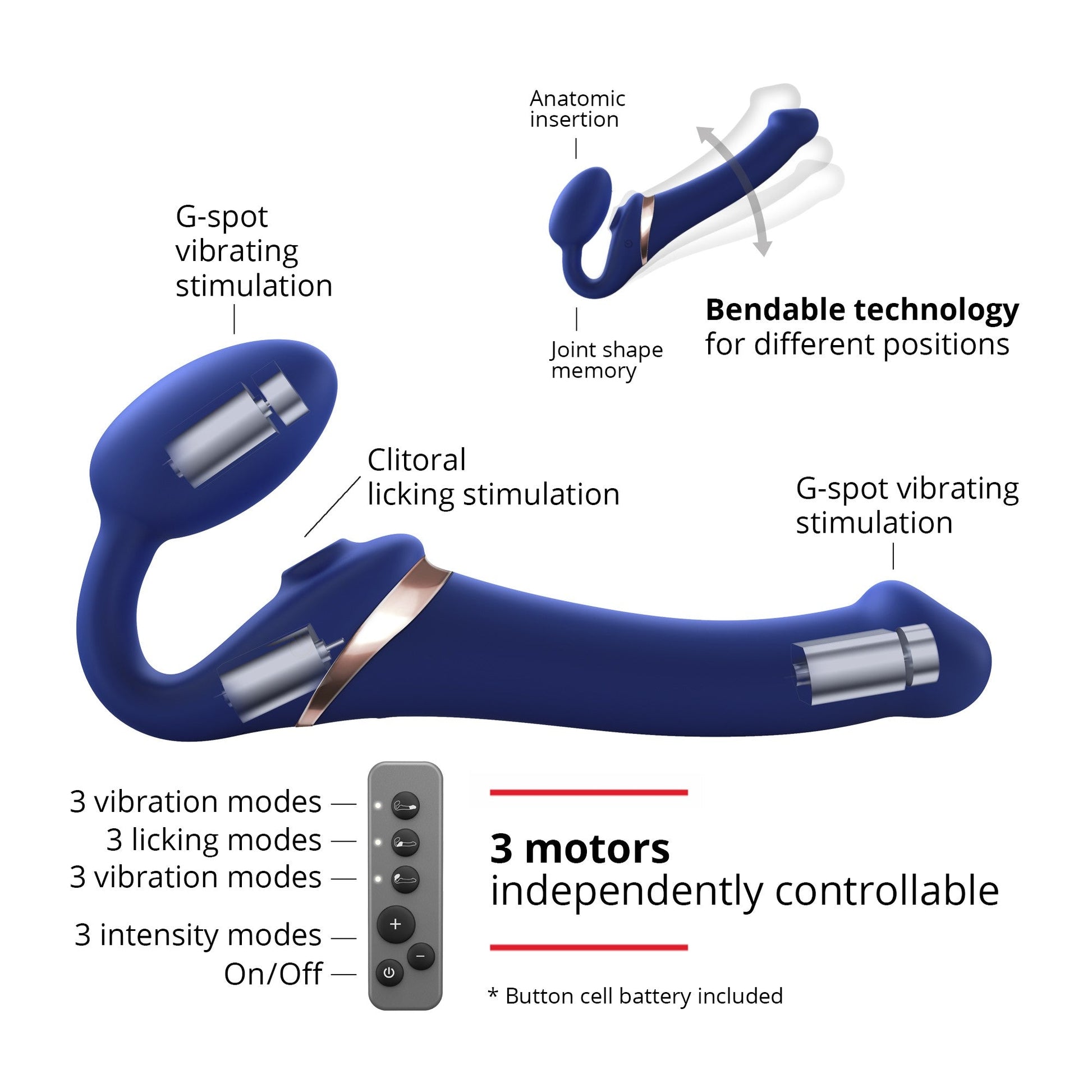 Blue bendable strap-on with remote control, featuring G-spot and clitoral stimulation.