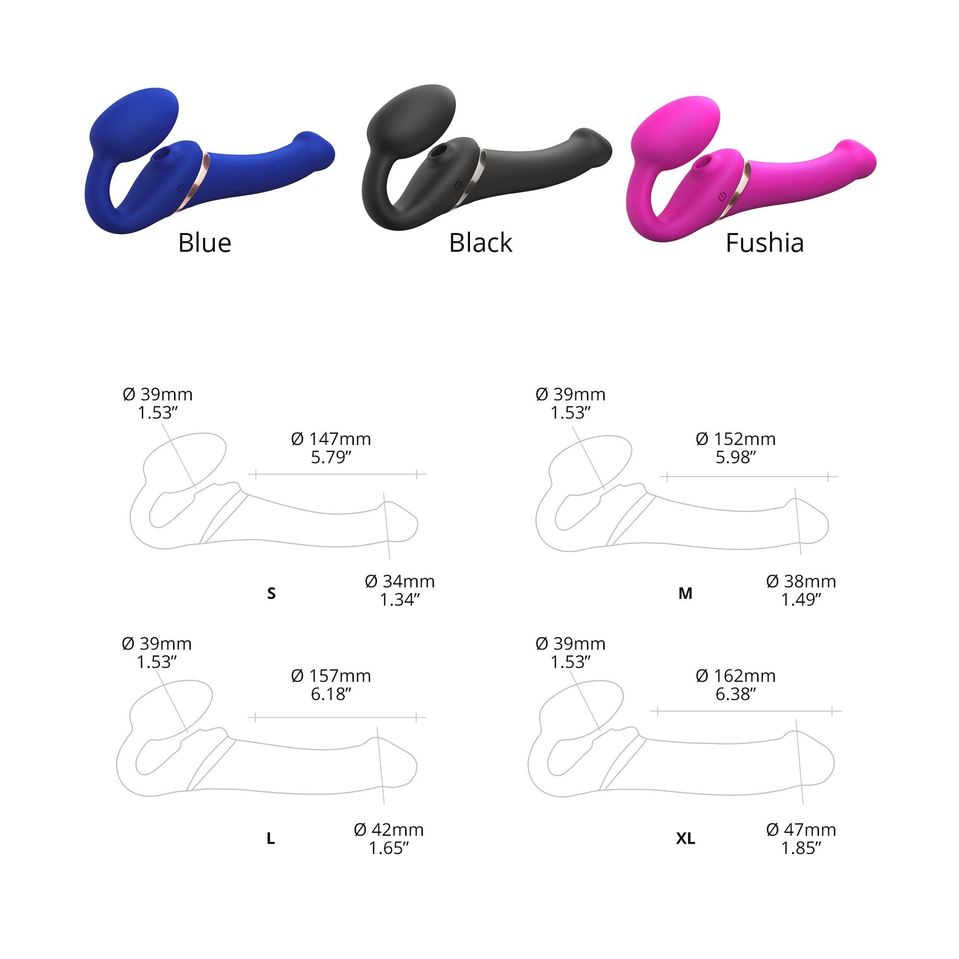 Bendable silicone strap-on in blue, black, and fuchsia with size diagrams.