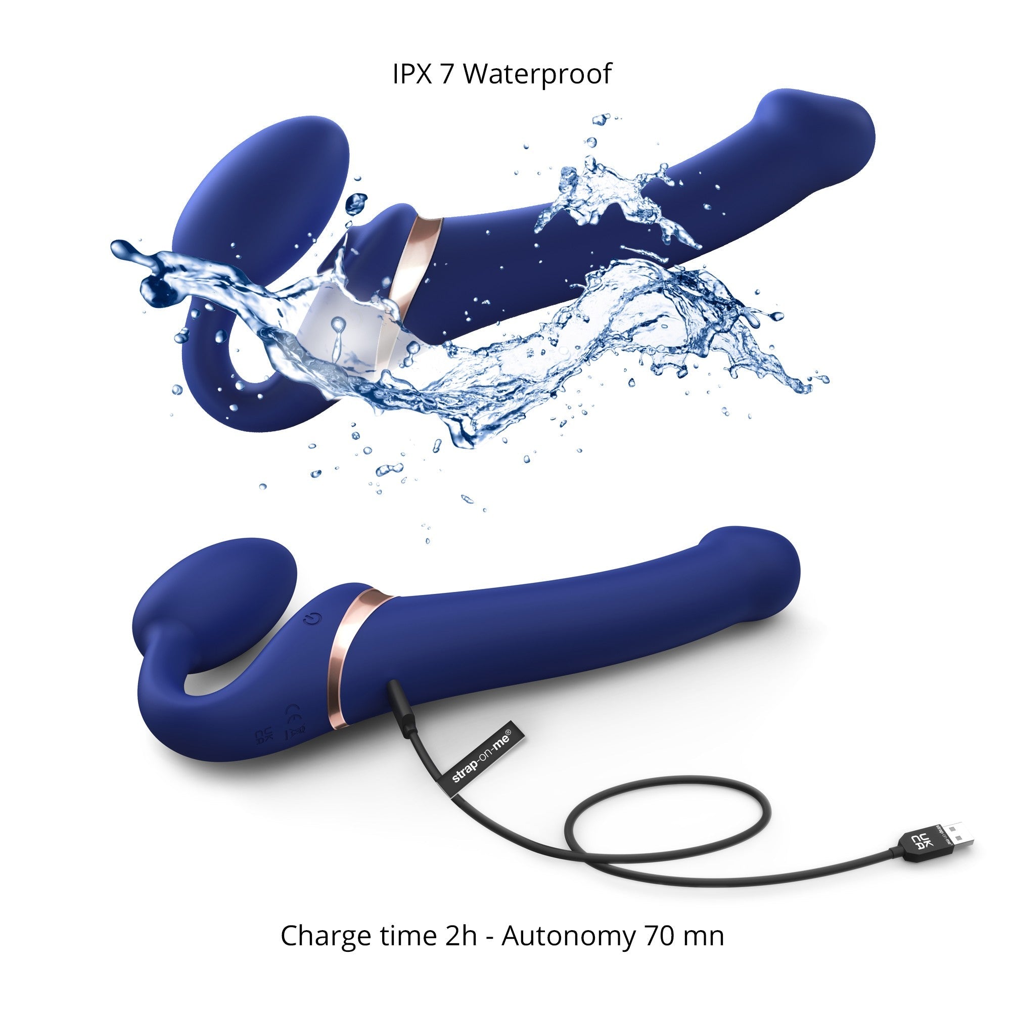 A blue, bendable silicone strap-on with a charging cable and USB connector.