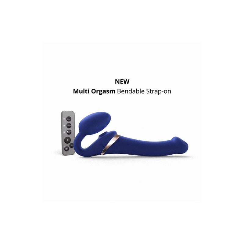 A blue bendable strap-on with a remote control.
