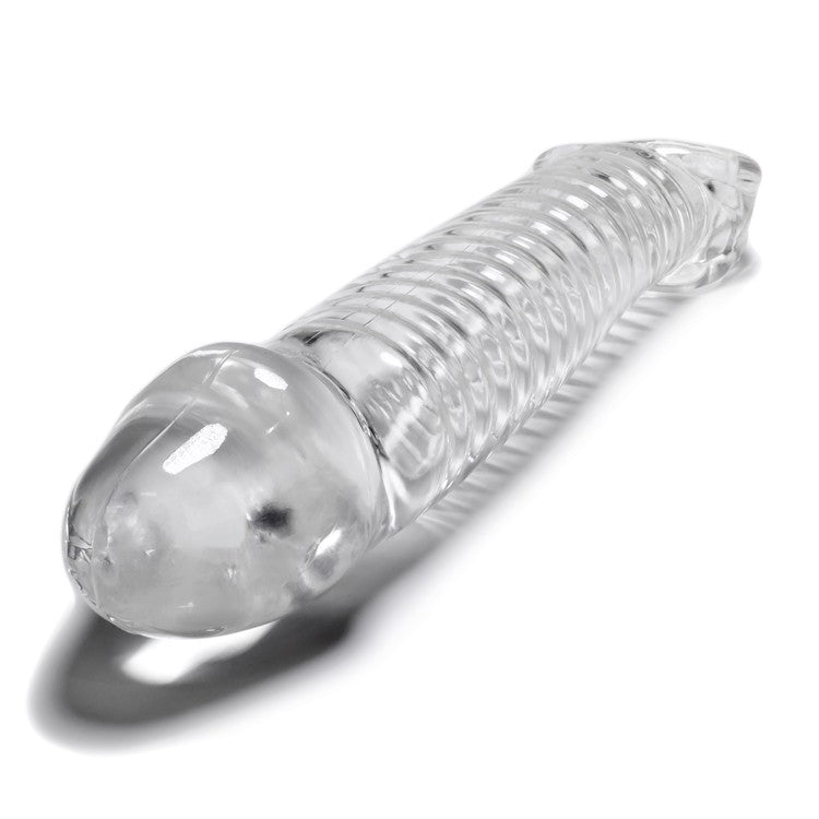 Clear ribbed cocksheath with a textured interior and a cock sling.