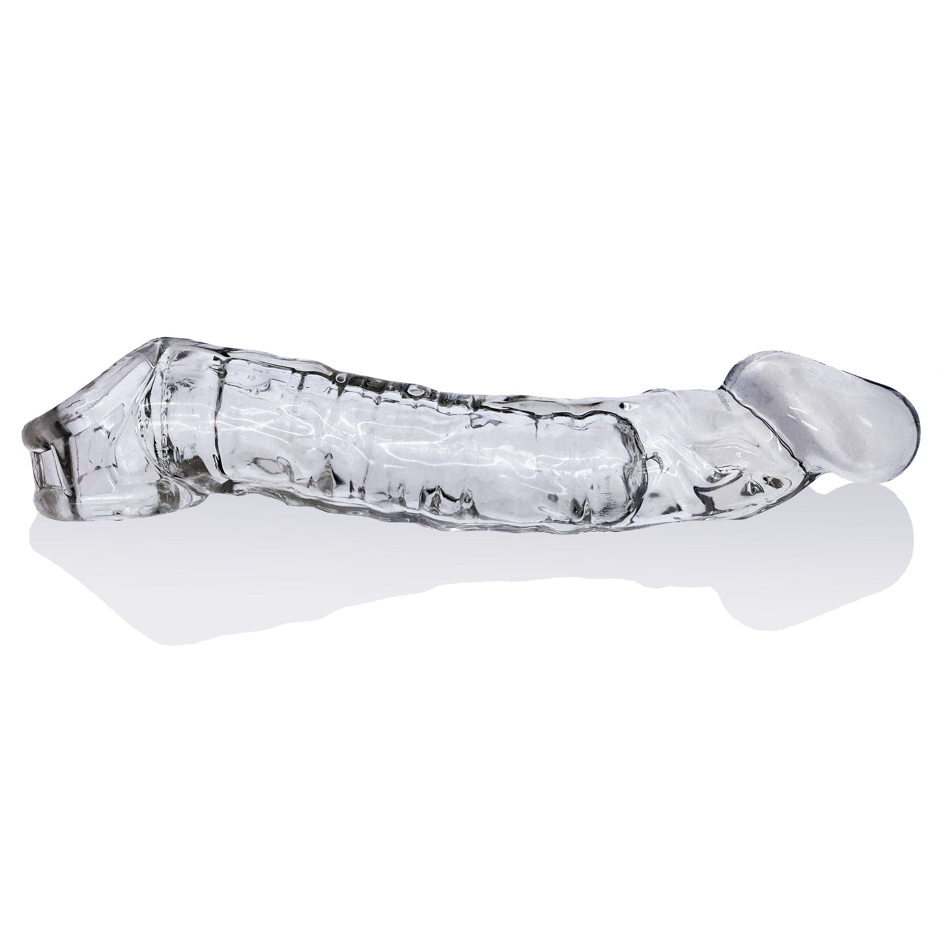 Clear stretchy penis sheath with a ribbed texture and a rounded tip.
