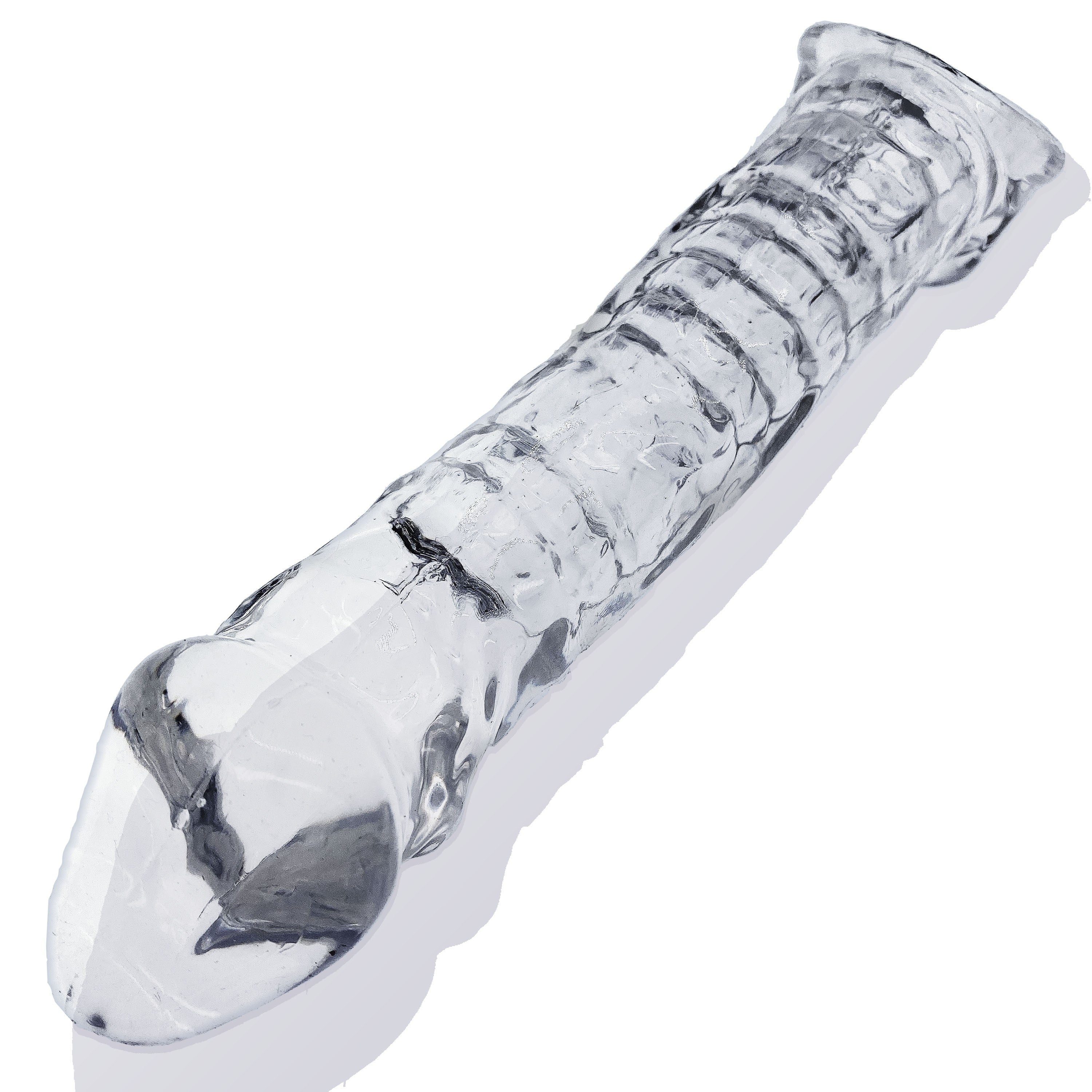 Clear stretchy penis sheath with ribbed texture and a tapered tip.