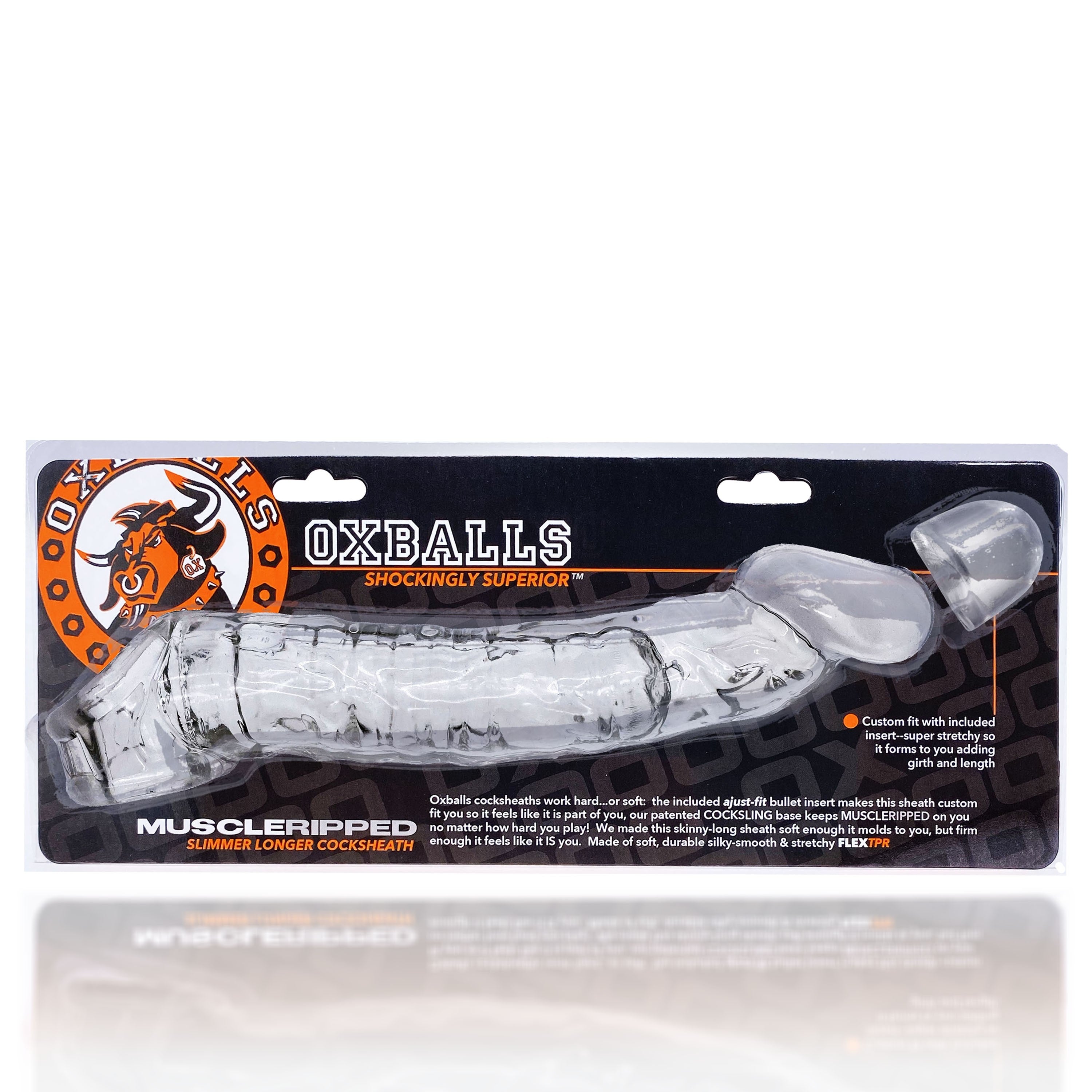 Clear stretchy Muscle Ripped penis sheath from Oxballs in package.