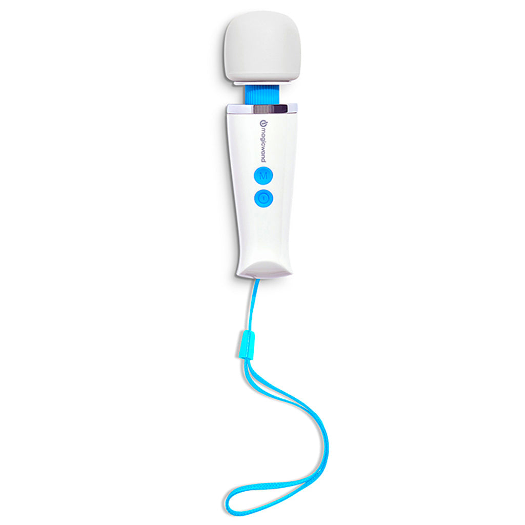 White Magic Wand massager with blue accents and a wrist strap.