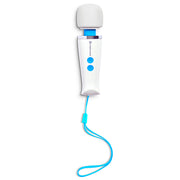 White Magic Wand massager with blue accents and a wrist strap.