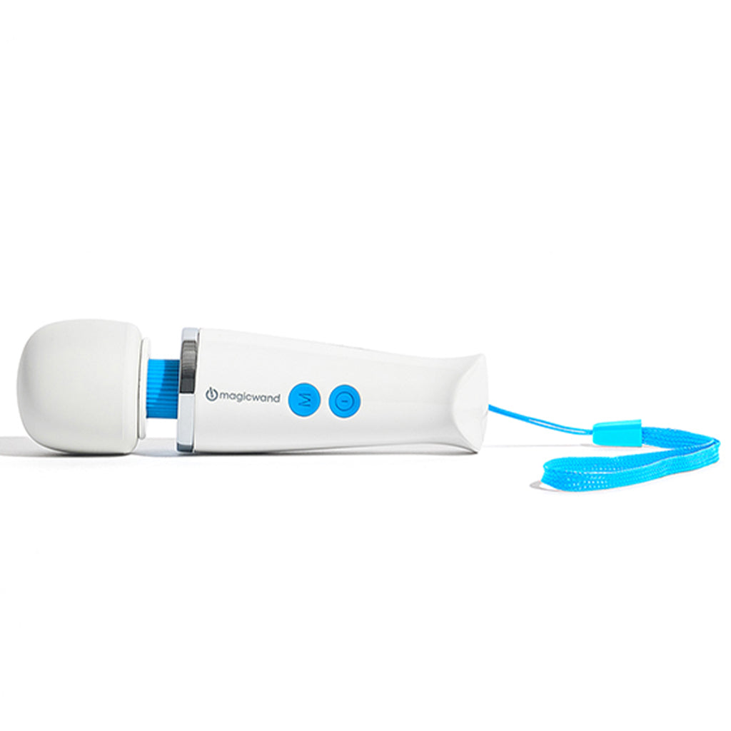 White Magic Wand massager with blue accents and a wrist strap.