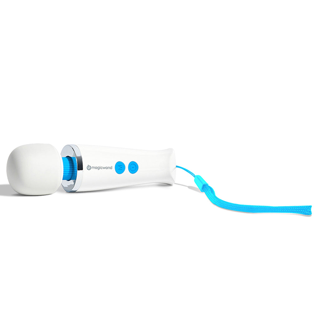 White Magic Wand massager with blue accents and a blue wrist strap.