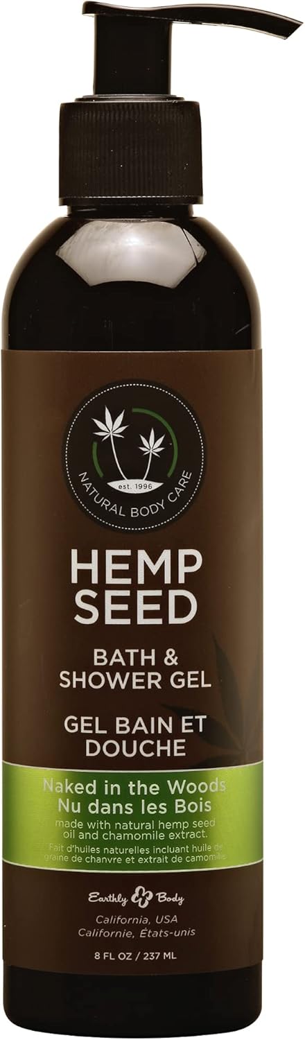 Brown bottle of Earthly Body Hemp Seed Bath & Shower Gel, Naked in the Woods scent.