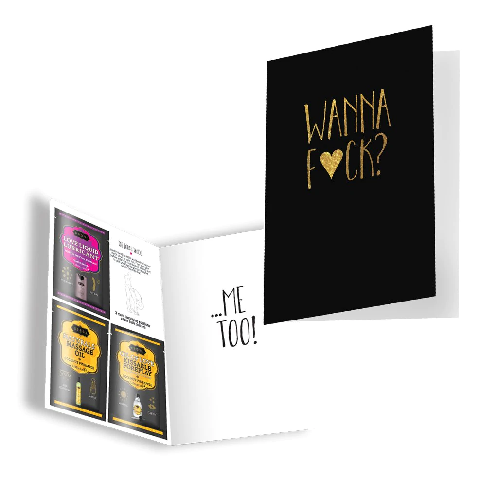 A black card with gold text saying "WANNA F***?" and an open booklet with product samples.
