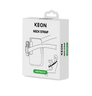 Box for Keon Neck Strap showing a diagram of the strap and a person wearing it.
