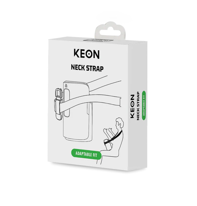 Box for Keon Neck Strap showing a diagram of the strap and a person wearing it.