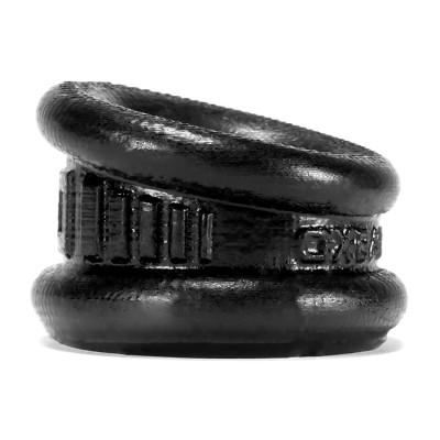 Black Neo Angle silicone ball stretcher and cock ring with textured details.