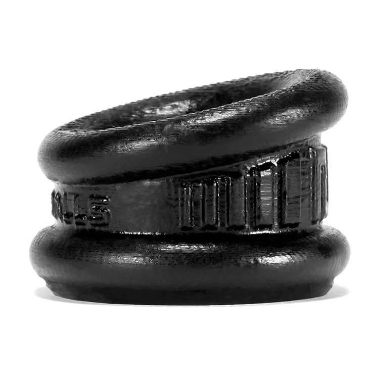 Black Neo Angle silicone ball stretcher and cock ring with textured band.