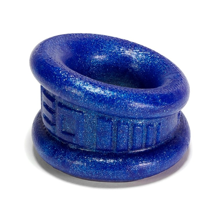 Blue metallic silicone ball stretcher with a textured band.