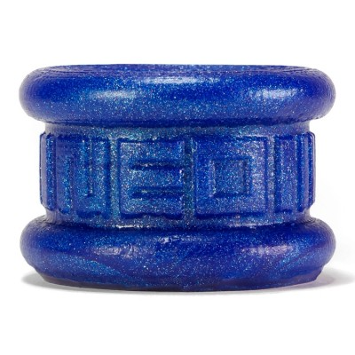Blue metallic silicone ball stretcher with embossed geometric pattern.