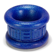 Blue metallic silicone ball stretcher with textured rim and embossed band.