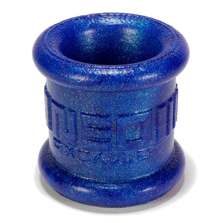Metallic blue silicone ball stretcher with embossed text.